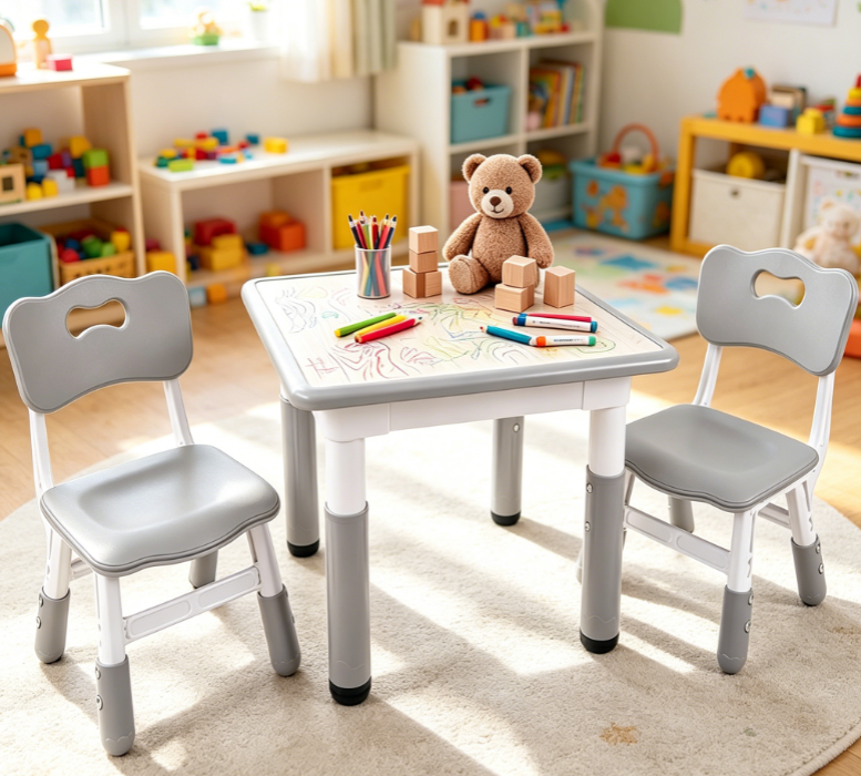 Grey 23.6" Square Height-Adjustable Table and Chairs Set, Non-Slip Graffiti Desktop, Ages 2-8